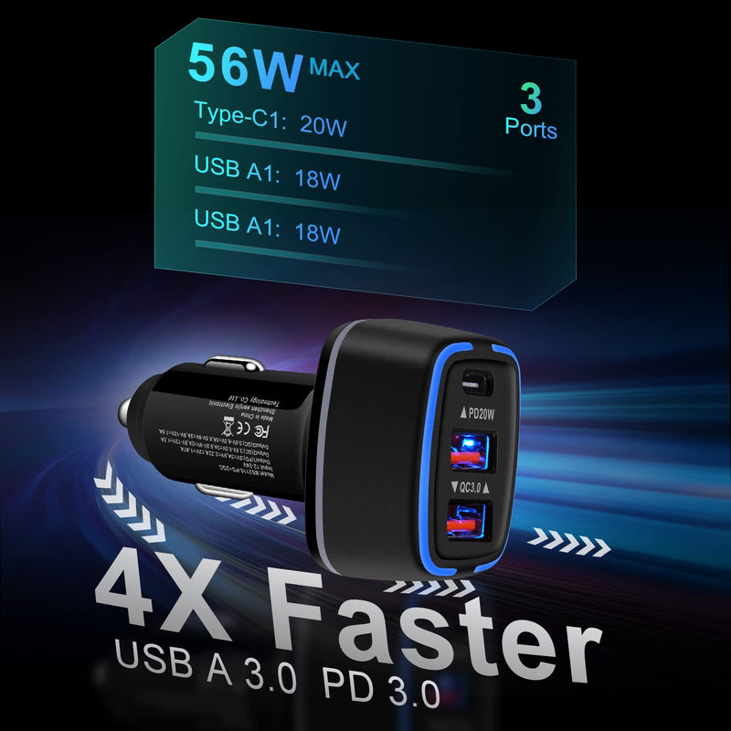 [Australia - AusPower] - Type C Car Fast Charging, 56W PD 3.0/QC 3.0 USB C Car Charger 3 Port Quick Cigarette Lighter Car Adapter for iPhone 13/13 Pro Max/12 Pro Max/11 Pro Max/XR/SE/8/7/6 Plus/iPad,Samsung Galaxy S21 S20 S10 3Port-Black 