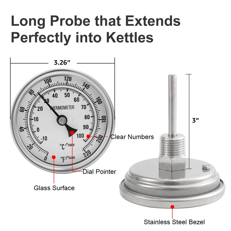 [Australia - AusPower] - Dial Thermometer, Stainless Steel Thermometer for Home Brewing, 1/2 NPT Kettle Thermometer with Lock Nut & O-Ring(3" Face) 