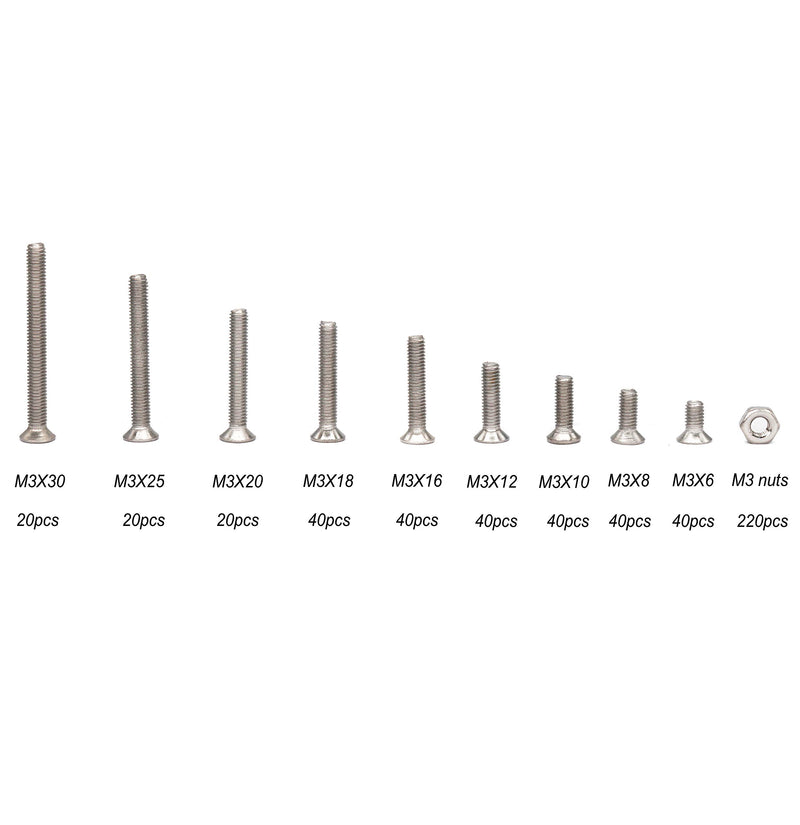 [Australia - AusPower] - binifiMux 500pcs M3 Phillips Countersunk Flat Head Machine Screws Hex Nuts Assortment Kit 304 Stainless Steel, M3 x 6mm / 8mm / 10mm / 12mm / 16mm / 18mm / 20mm / 25mm / 30mm 