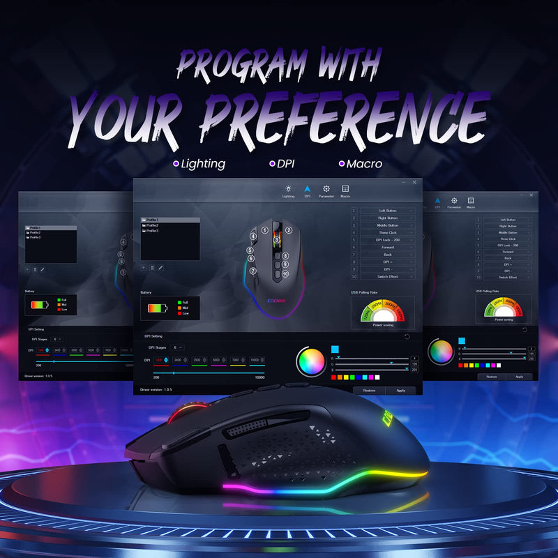 [Australia - AusPower] - CACKBIRD CA282 Wireless Gaming Mouse, 9 RGB Backlit Modes,10000 DPI, 10 Programmable Buttons Fire Button, Type-C Rechargeable Gaming Mouse for PC Gamers Computer Laptop Desktop Chromebook Mac, Black 