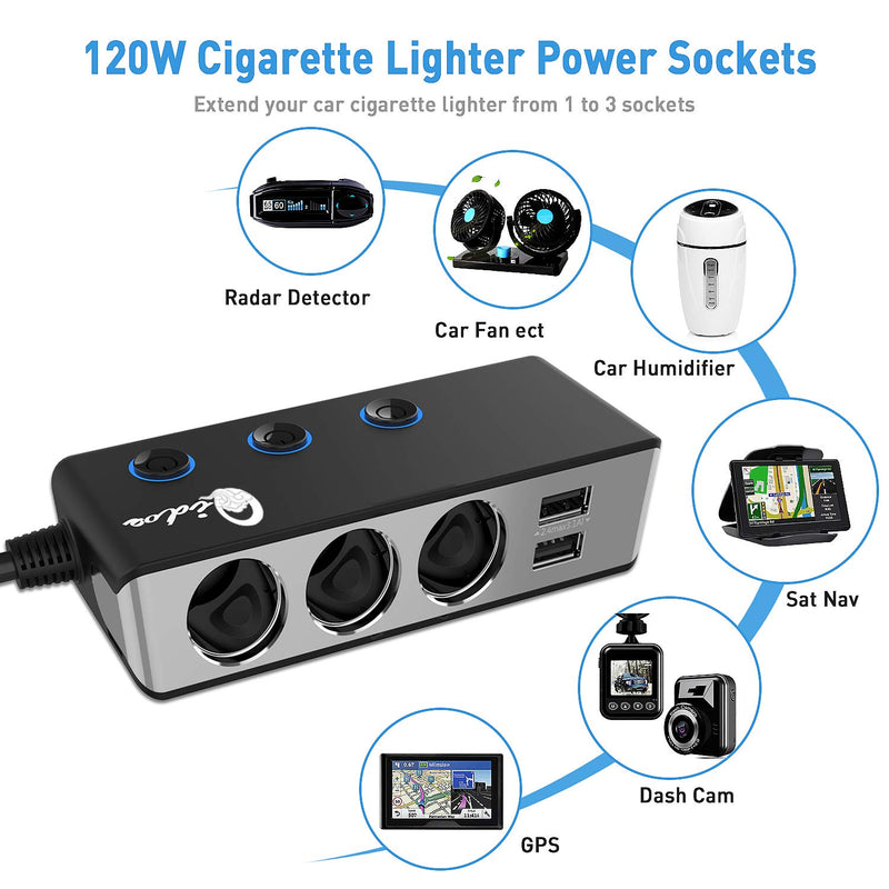 [Australia - AusPower] - [Upgraded Version] Quick Charge 3.0 Cigarette Lighter Splitter, Qidoe 12V/24V 3-Socket 120W DC Power Car Adapter with LED Voltmeter Main Switch, 8.5A 4 USB Fast Outlets, Three Independent ON/Off Multi-Colored 