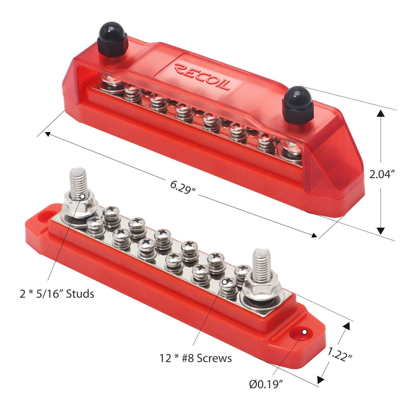 [Australia - AusPower] - RECOIL BB212P Bus Bar 2 x 5/16” Studs and 12 x #8 Screw Terminals Power Distribution Block Busbar with Ring Terminals Pair Red & Black Red & Black Big 2x5/16" Studs & 12 Screws Pair 