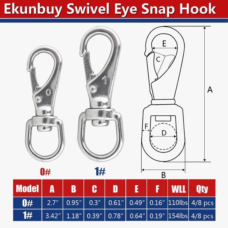 [Australia - AusPower] - Ekunbuy Swivel Eye Snap Hooks, 304 Stainless Steel Heavy Duty 2.7 Inch 3.5 Inch Spring Hooks for Keychains, Bird Feeders, Pet Chains, Dog leashes 2.7"(0#)-4pcs 