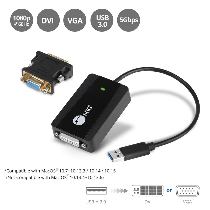 [Australia - AusPower] - SIIG USB 3.0 to DVI/VGA Video Adapter, DisplayLink Chipset, for External Monitors up to 1080p or 2048x1152, DVI to VGA Converter Included, Support Windows 10, 8.1, 7, XP and Mac (JU-DV0112-S2) 