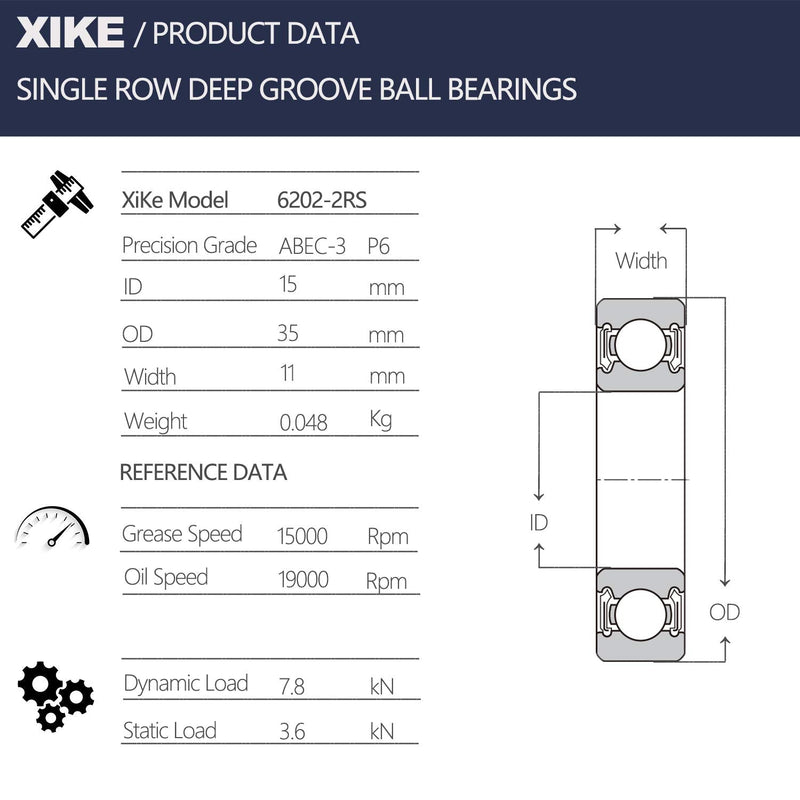 [Australia - AusPower] - XiKe 2 Pcs 6202-2RS Double Rubber Seal Bearings 15x35x11mm, Pre-Lubricated and Stable Performance and Cost Effective, Deep Groove Ball Bearings. 