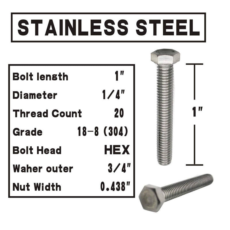 [Australia - AusPower] - (10 Sets) 1/4-20x1" Stainless Steel Hex Head Screws Bolts, Nuts, Flat & Lock Washers, 18-8 (304) S/S, Fully Threaded by Bolt Fullerkreg (10 Sets) 1/4x1" 