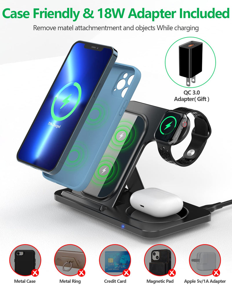[Australia - AusPower] - Wireless Charging Station, KOOPAO 3 in 1 15W Foldable Fast Wireless Charger Stand Compatible with iPhone 13/12/11Pro/Max/XR/XS Max/X, Apple Watch 7/6/SE/5/4/3/2/, AirPods 2/Pro 