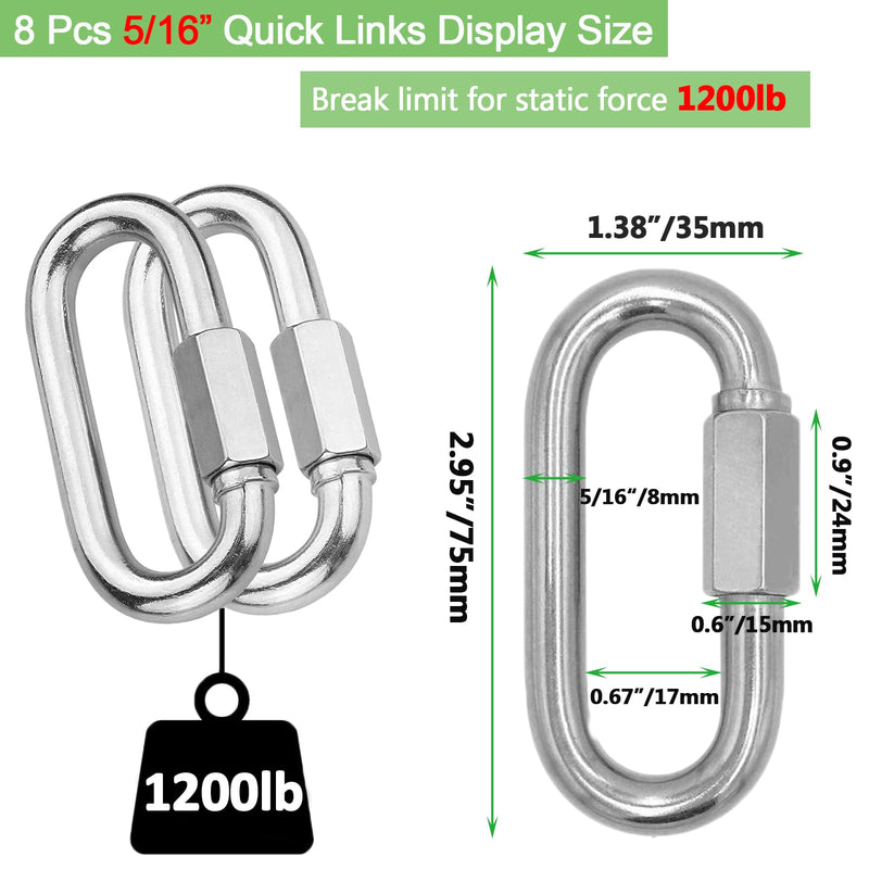 [Australia - AusPower] - 8 Pack Quick Link Chain Connector, 5/16Inch Stainless Steel Chain Link, M8 D Shape Locking Carabiner with 1200lb Capacity, Quick Link Heavy Duty for Carabiner, Camping, Hammock and Outdoor Equipment 