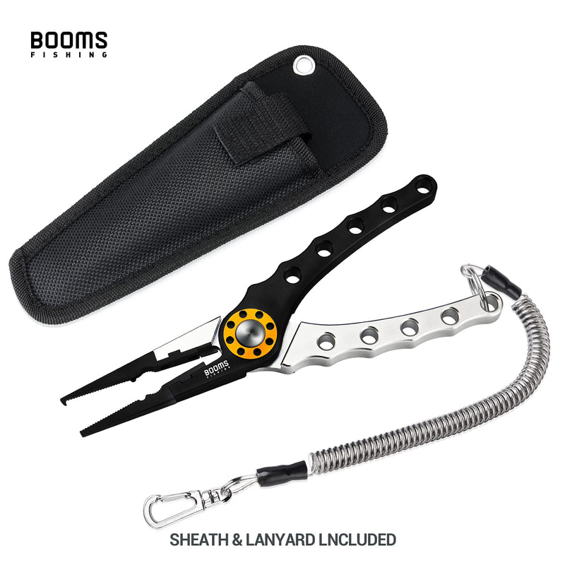 [Australia - AusPower] - Booms Fishing X1 Aluminum Fishing Pliers Saltwater, Surf Fishing Tackle Kit, Fishing Multitool Hook Remover Braided Fishing Line Cutting and Split Ring with Coiled Lanyard and Sheath Black&Silver 