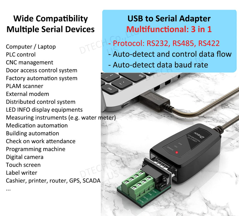 [Australia - AusPower] - USB to Serial Adapter, DTECH RS422 RS485 R232 to USB Cable (3 in 1 Interface) Supports DC 5V with Breakout Board LED Lights for Multi-Kind Control Devices Windows 11 10 8 7 XP Mac (1.5ft) 1.5ft (3 in 1 interface) 