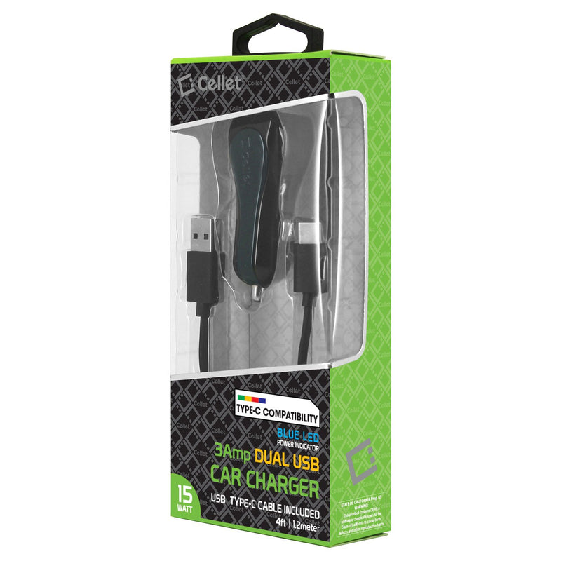[Australia - AusPower] - Cellet High Powered 3Amp, Fast Charging 15 Watt, Dual USB Port Car Charger with 4ft Long Type-C Cable Compatible for Google Pixel 4 4XL 3 3a 3XL 3aXL 2 2XL Samsung Galaxy A50 A20 A10e S10e S10 S10+ S9 