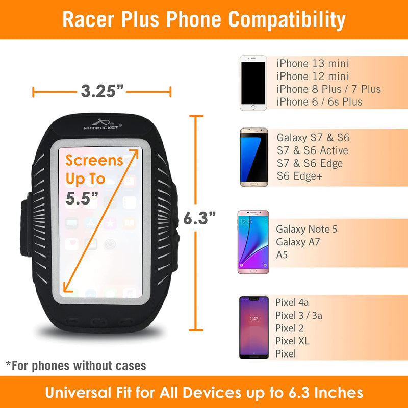 [Australia - AusPower] - Phone Armbands for Running | Armpocket Racer Plus Ultra Thin Phone Armband| iPhone 13 mini, 12 mini, 8 Plus, 7 Plus, Galaxy S7 Edge, Pixel 4a, Phones Without Cases up to 6.3 Inches| Black Medium Strap Medium Strap 10-15" 