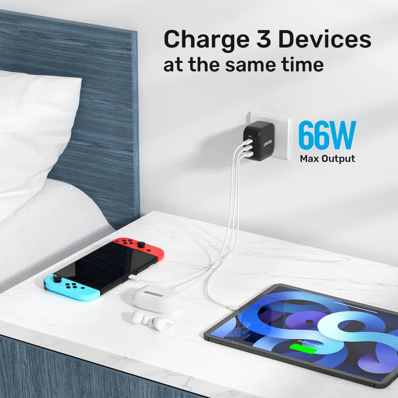 [Australia - AusPower] - Unitek USB C Charger, 3 Ports 66W GaN Fast Wall Charger with PD Charging, Dual Type-C Power Adapter Compatible with MacBook Air/iPhone 13/Pro/Max, Galaxy S21/S20, Oneplus, iPad, and More 