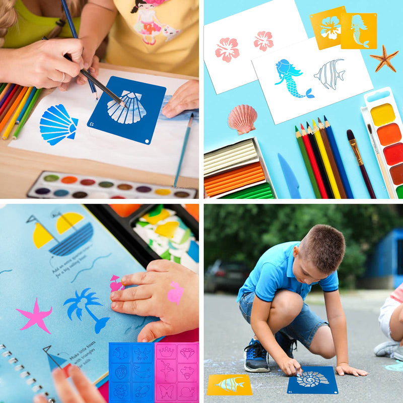 [Australia - AusPower] - 20 PCS Ocean Creatures Stencils for Kids, 8 x 8 Inch ViikiFain Drawing Stencils for Painting on Wood Colorful Sidewalk Chalk Stencils with 4 Pcs Stickers for Kids, Reusable DIY Art and Craft Stencils #2 