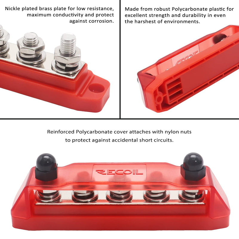 [Australia - AusPower] - RECOIL BB5P Busbar 5 x 3/8” Studs Red & 5 x 5/16” Studs Black Power Distribution Block with Ring Terminals, Pair Red 5x3/8" Studs & Black 5x5/16" Studs Pair 