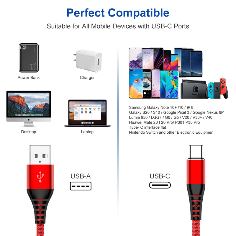 [Australia - AusPower] - USB Type C Cable, [3-Pack 3Ft] USB A to Type C Premium Nylon Braided 3 Feet Fast Charging Cord for Samsung Galaxy A51/ A20/ A10/ S10/ S9/ S8/ Note 8, Type C Charger 3 Foot USB Cable -Red Red 