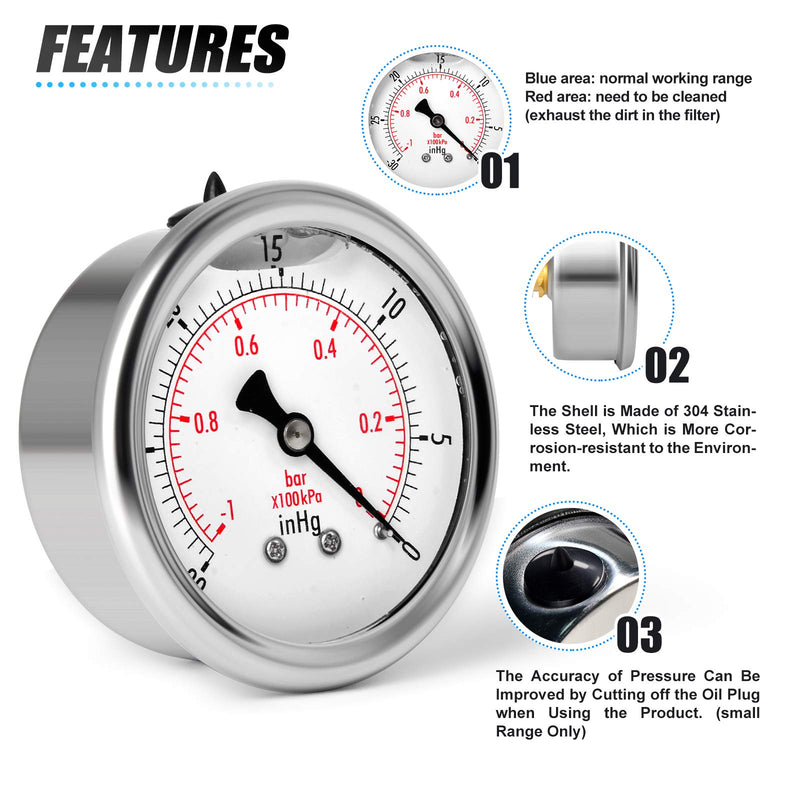 [Australia - AusPower] - MEANLIN MEASURE -30~0Psi Stainless Steel 1/4" NPT 2.5" FACE DIAL Vacuum Pressure Gauge ，Center Back Mount -30inHG-0 