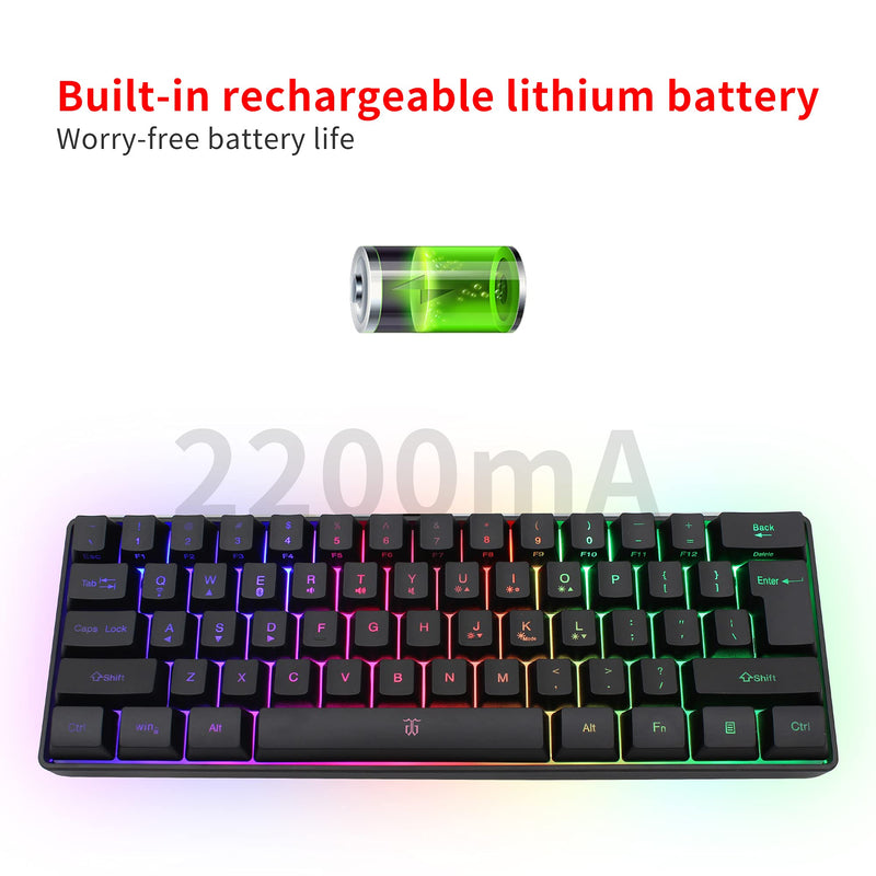 [Australia - AusPower] - Snpurdiri 60% Wireless Gaming Keyboard,2200mAh Mini 61 Keys Mechanical Feeling Keyboard with Bluetooth 5.1&2.4G Wireless Dual Modes,Support Charging,Suitable for PC/Tablet/Smartphone Gamer,Black Black 