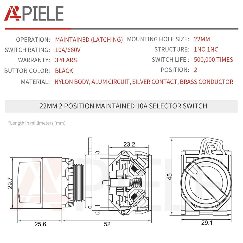 [Australia - AusPower] - APIELE 22mm 2 Position Selector Switch 10A 440V Push Button Switch Maintained (Pack of 2) 