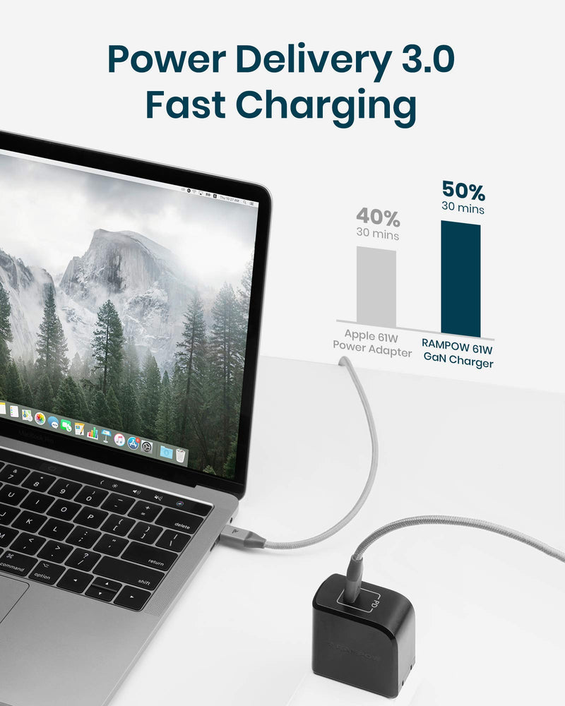[Australia - AusPower] - USB C Charger, RAMPOW 61W PD Charger [GaN Tech] Type C Power Delivery Wall Charger, Fast Charging Foldable adapter for MacBook Pro Air, Dell XPS 13, HP Spectre, iPad Pro, iPhone 12 11 Pro Max and More Black 