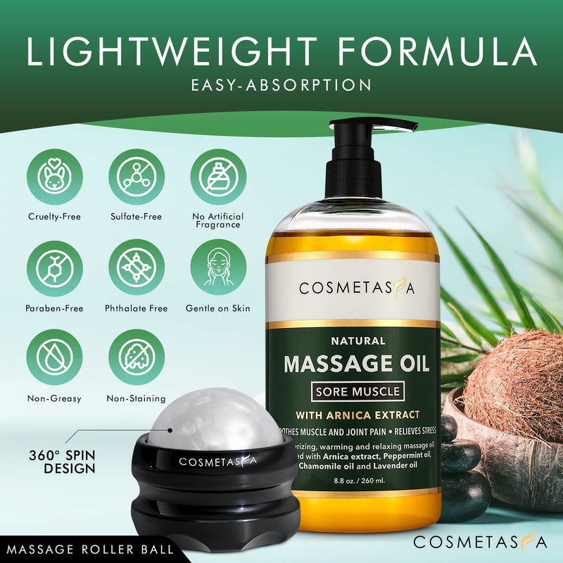 [Australia - AusPower] - Cosmetasa Sore Muscle Massage Oil with Massage Ball Roller - Soothes Muscle and Joint Pain with Arnica Extract, Peppermint, Chamomile, and Lavender Oil 