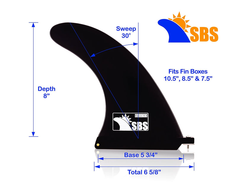 [Australia - AusPower] - Santa Barbara Surfing SBS - 8 inch Longboard & SUP Single Fin - 8" Center Fin for Surfboard & Paddleboard Black with Logo 