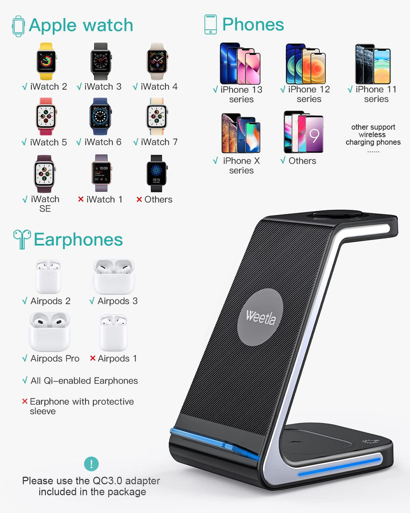 [Australia - AusPower] - Wireless Charger, Weetla Wireless Charging Station, 3 in 1Wireless Charging Stand for iPhone/iWatch/Airpods,iPhone 13,12,11 (Mini,Pro, Pro Max)/XS/XR/X/8,iWatch 7/6/SE/5/4/3/2,Airpods 2/3/pro 