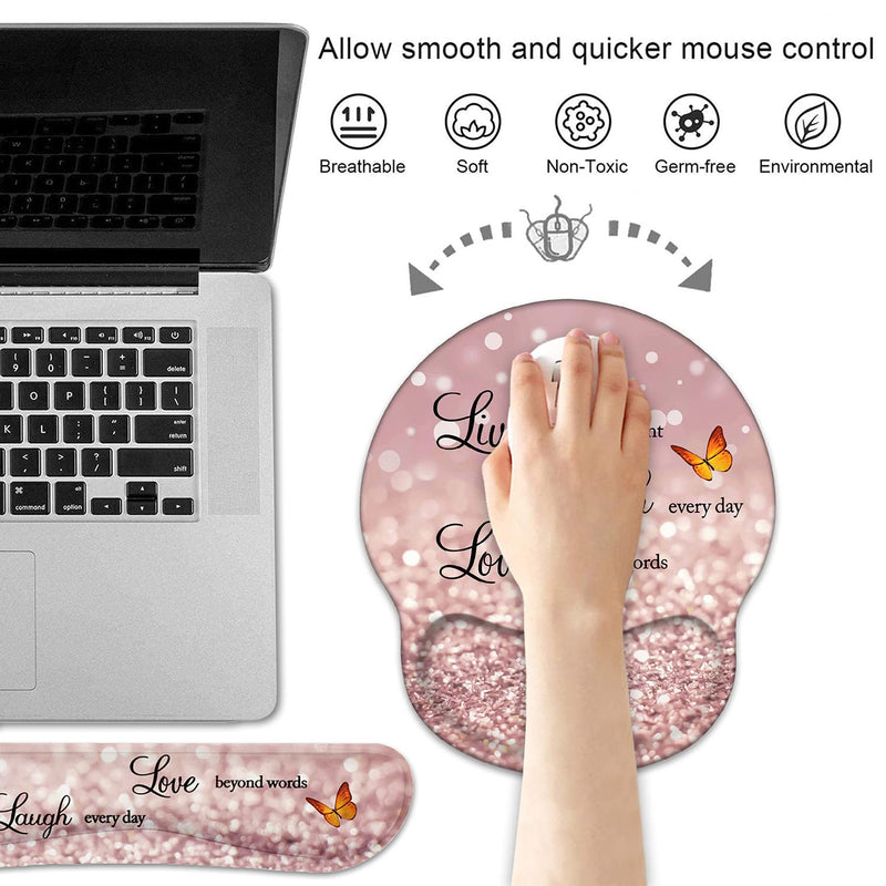 [Australia - AusPower] - Keyboard Wrist Rest and Mouse Pad Wrist Support Set with Coasters, Non-Slip PU Base Ergonomic Gaming Mousepad for Home Office Working Studying Easy Typing & Pain Relief, Glitter Quote Live Laugh Love 