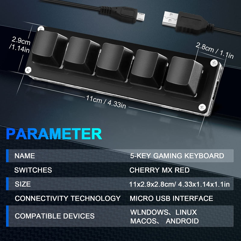 [Australia - AusPower] - Ecarke Black 5 Keys Mini Macro Mechanical Keyboard Gaming Keypad with USB Data Cable for Windows Mac OSU HID Standard KeyboardUpgrade Cherry Shaft（Upgrade Cherry Shaft & RGB LED） 