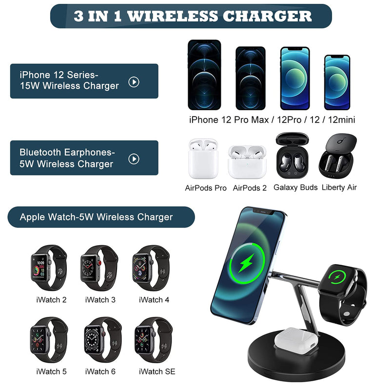 [Australia - AusPower] - 3 in 1 Magnetic Wireless Charging Station, Vchiming Fast Charger Stand with QC 3.0 Adapter for iPhone 13/12 / Pro Max/Pro/Mini/iWatch SE / 1/2 / 3/4 / 5 / AirPods/Pro, Color Black 