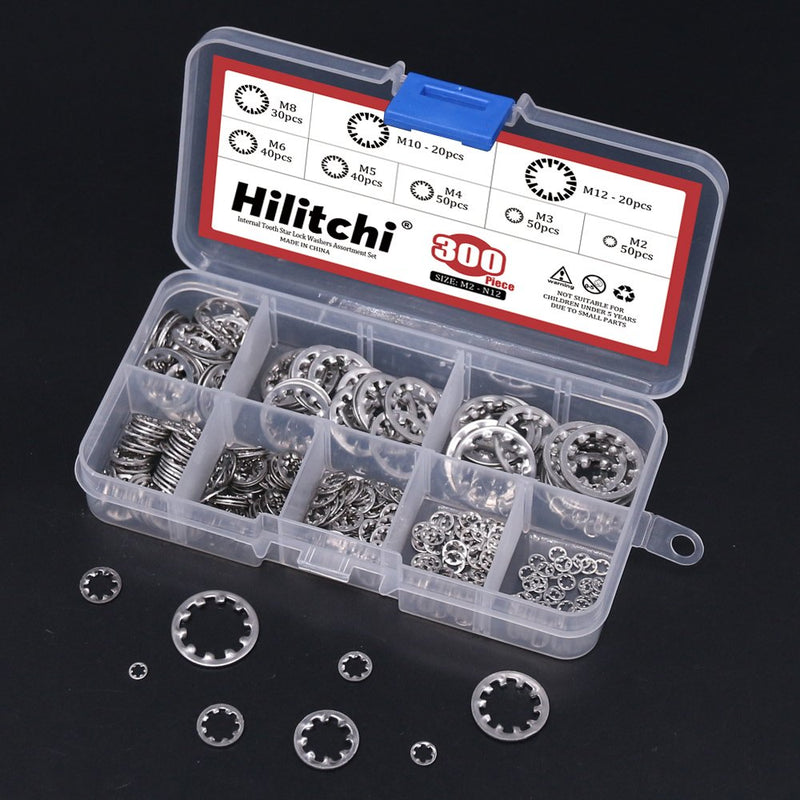 [Australia - AusPower] - Hilitchi 300-Pcs [8-Size] 304 Stainless Steel Internal Tooth Star Lock Washers Assortment Set - Size Included: M2 M3 M4 M5 M6 M8 M10 M12 