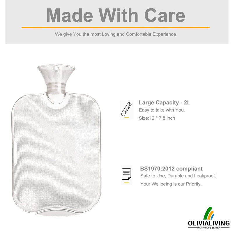 [Australia - AusPower] - OliviaLiving Classic Transparent Hot Water Bottle 2 Liter with Knit Cover - Great for Cramps, Pain Relief & Cozy Nights - Water Heating Pad - Feet & Bed Warmer for Adults Grey 