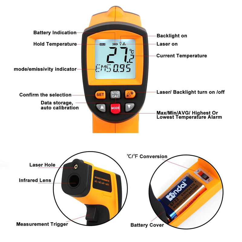 [Australia - AusPower] - Industrial Infrared Thermometer (Not for Human)-58°F to 1382°F, Non-Contact Laser Temperature Gun with Alarm& Data Saving, Temperature Thermometer Measuring Gun for Kitchen Cooking, BBQ, Ovens 