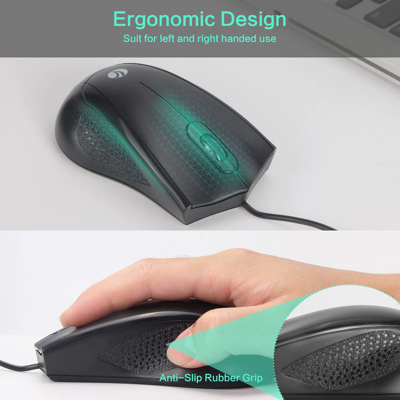 [Australia - AusPower] - VCOM Wired USB Mouse with 6-Foot Cord & 1200 DPI, Right or Left Hand Use for Work Study Home, 3-Button Ergonomic Optical Mouse Compatible with PC Laptops Desktop Computer Windows Vista Linux, Black 1-Pack 