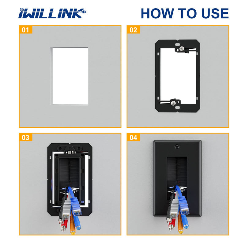 [Australia - AusPower] - Iwillink (6 Pack) Brush Wall Plate with Low Voltage Mounting Bracket, Cable Pass Through Insert for Wires, Single Gang Cable Access Strap, Wall Socket for HDTV, Home Theater Systems - Black 6 Pack 