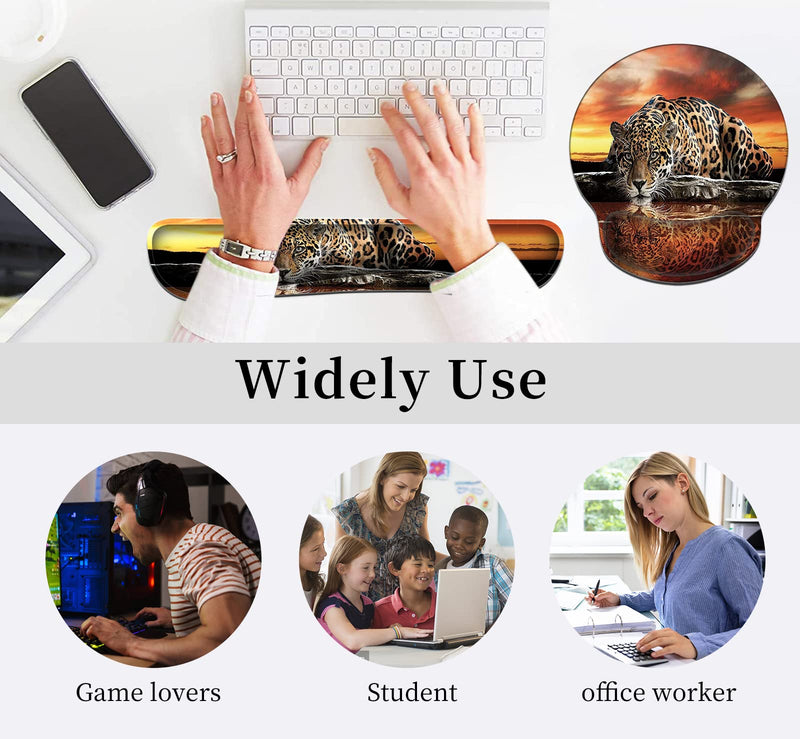 [Australia - AusPower] - Ergonomic Mouse Pad Wrist Support & Keyboard Wrist Rest Set (with Coaster), Memory Foam Gel Keyboard Moue Pads Combo for Easy Typing Pain Relief Computer Laptop Office-Leopard Drinking Leopard Drinking 
