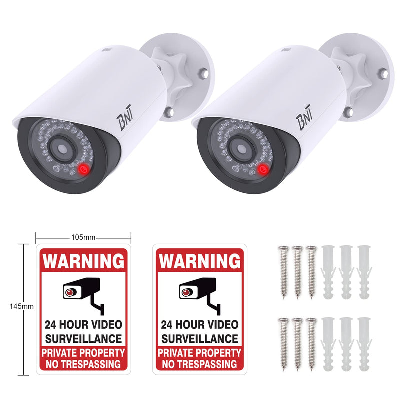 [Australia - AusPower] - BNT Dummy Fake Security Camera, with One Red LED Light at Night, for Home and Businesses Security Indoor/Outdoor (2 Pack, White) 2 pack - White 