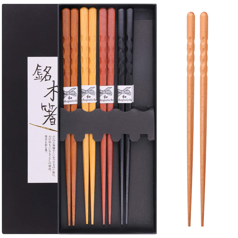 [Australia - AusPower] - GLAMFIELDS Reusable Chopsticks Japanese Natural Wooden 5 Pairs Classic Style Lightweight Hand-Carved Safe Chop Sticks 8.8 Inch/22.5cm Gift Set Multicolor 