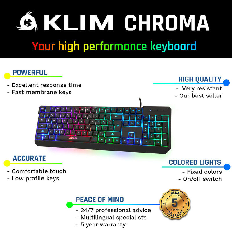 [Australia - AusPower] - KLIM Chroma Gaming Keyboard Wired USB + New 2022 Version + Durable, Ergonomic, Waterproof, Silent Keyboard + 2 ms Response Time + Backlit Keyboard for PC Mac PS4 PS5 Keyboard + Black 