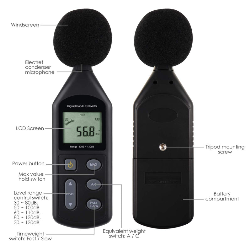 [Australia - AusPower] - Decibel Meter Digital Sound Level Meter Professional LCD Sound Noise Meter with 30dB to 130dB A/C Frequency Weighting, for indoor and outdoor Measurement 