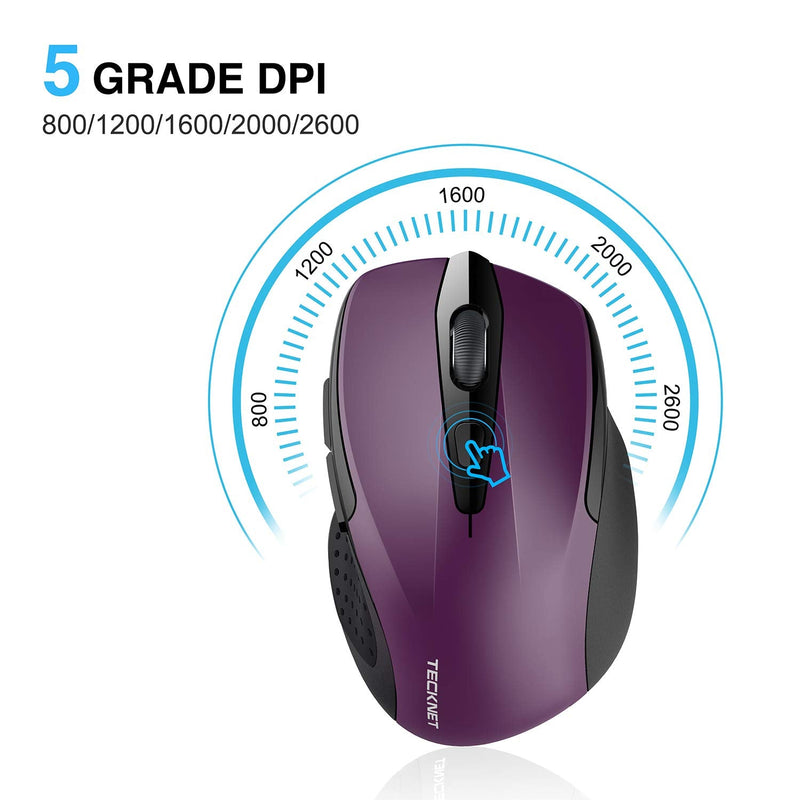 [Australia - AusPower] - Wireless Mouse, TECKNET Pro 2.4G Ergonomic Wireless Optical Mouse with USB Nano Receiver for Laptop,PC,Computer,Chromebook,Notebook,6 Buttons,24 Months Battery Life, 2600 DPI, 5 Adjustment Levels Purple 