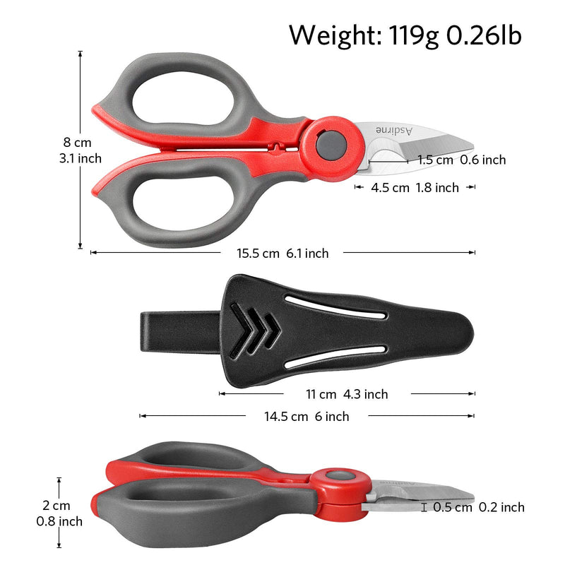 [Australia - AusPower] - Asdirne Electrician Scissors, Heavy Duty Stainless Steel Sharp Blades and Soft Rubber Grip, Electrician Shears with Protective Cover , 6.1 Inch (Gray/ Red) 