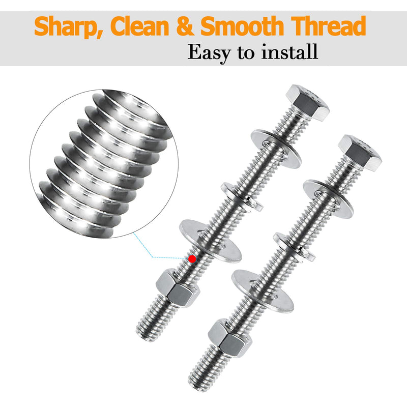 [Australia - AusPower] - 3/8-16x4" Stainless Steel Hex Head Screws Bolts, Nuts, Flat & Lock Washers Kits, 304 Stainless Steel 18-8,Fully Threaded,4 Sets 