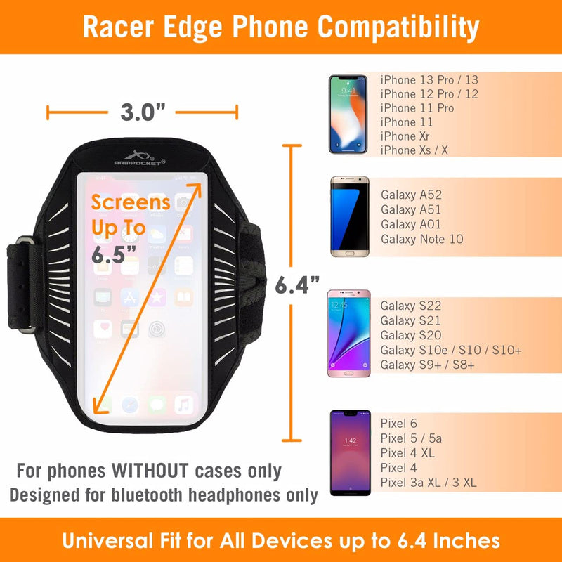 [Australia - AusPower] - Phone Armbands for Running | Armpocket Racer Edge Ultra Thin Phone Armband| iPhone 13 Pro, 13, 12 Pro, 12, Galaxy S22, S21, Note 10, Pixel 6, Phones Without Cases up to 6.4 Inches| Black Medium Strap Medium Strap 10-15" 