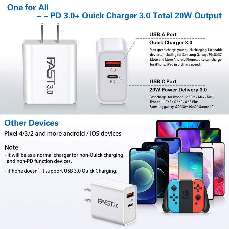 [Australia - AusPower] - USB C Charger iSeekerKit PD 3.0 Wall Charger 20W Fast Charging Type C Adapter with Dual Ports [Power Delivery 3.0+USB Quick Charging 3.0] Compatible iPhone 13 12 Mini 11 Pro Max Galaxy Tablets/ 2-Pack White White 
