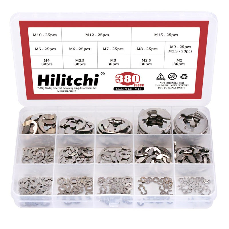 [Australia - AusPower] - Hilitchi 380-Pcs [14-Size] E-Clip Circlip External Retaining Ring Assortment Set - 304 Stainless Steel 