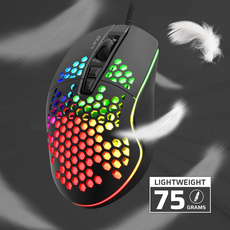 [Australia - AusPower] - LTC Circle Pit HM-001 RGB Gaming Mouse with Lightweight Honeycomb Shell, Adjusted 6400DPI, 6 Programmable Buttons, Black 