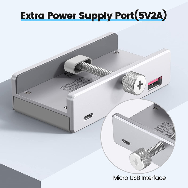 [Australia - AusPower] - ORICO 4 Port USB 3.0 Hub Clamps on Monitor or Table, USB A/A and A/C Cable Included(4.92FT), Extra Power Supply Port, Space-Saving Mountable Aluminum USB Hub for iMac, All-in-One Desktop Computer 4 port + 2 Data Cable 