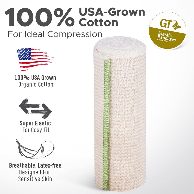 [Australia - AusPower] - GT USA Organic Cotton Elastic Bandage Wrap (2" Wide, 12 Pack) | Hook & Loop Fasteners at Both Ends | Latex Free | Hypoallergenic Compression Roll for Sprains & Injuries 2" Wide 