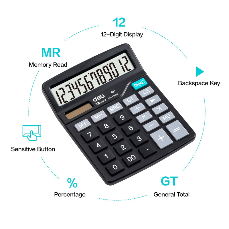 [Australia - AusPower] - Calculator, Deli Standard Function Desktop Calculators with 12 Digit Large LCD Display and Sensitive Button, Solar Battery Dual Power Office Calculator, Black 
